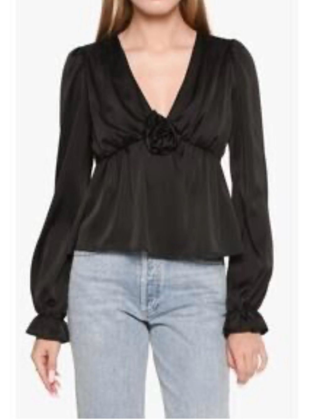 Wayf Black V-Neck Long Sleeve Top with Rosette. NWOT. Never worn